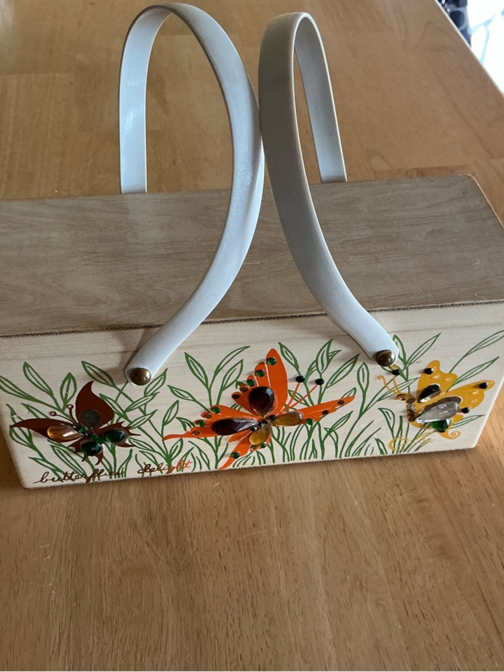Butterfly-Embellished Cream Mini Bag with White Handles